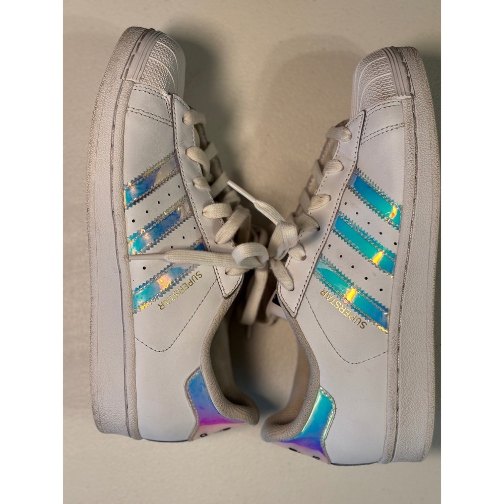 Adidas Superstar Iridescent Stripes White Sneakers Size 4.5 Youth Girl Shoes - Picture 8 of 13